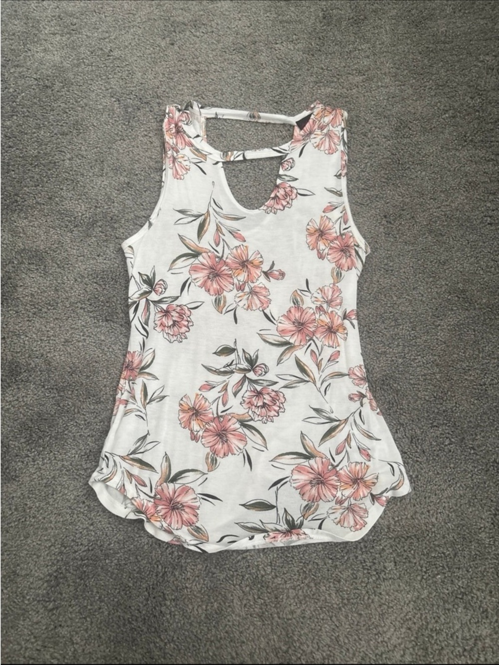 White Floral Sleeveless Tank Top with Pink Bloom Print